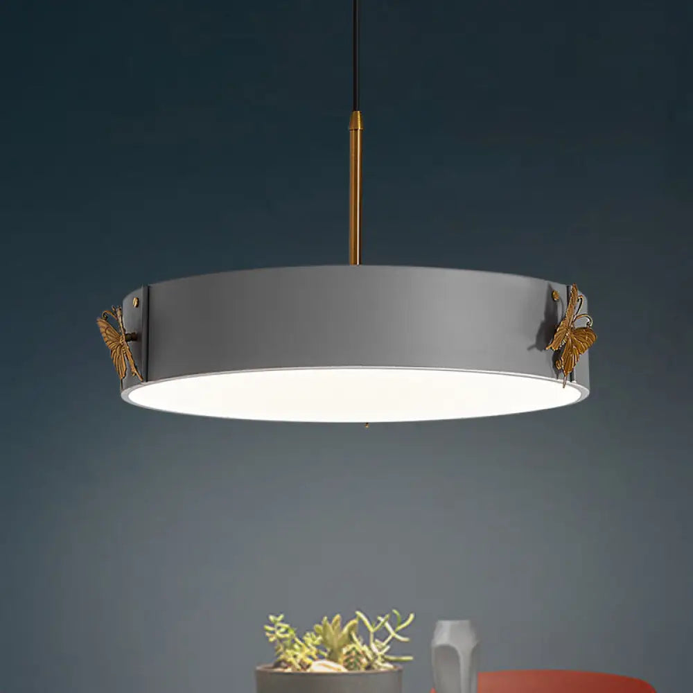 Minimalist Acrylic Led Drum Pendant Lamp With Grey Finish - Stylish Hanging Light Fixture Butterfly