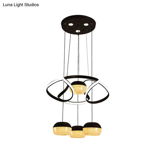 Minimalist Acrylic Oval Led Pendant Lamp With 4 Hanging Lights Twisting Shelf And Black Ceiling