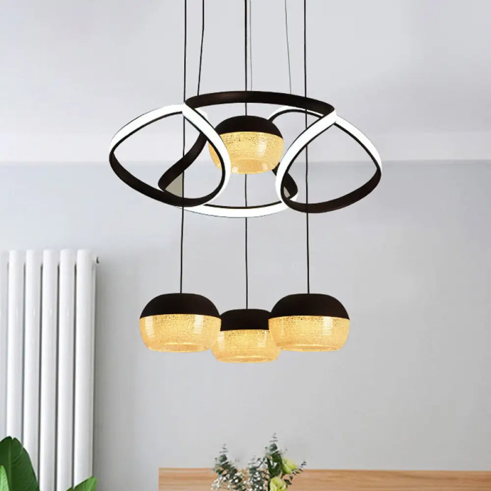 Minimalist Acrylic Oval Led Pendant Lamp With 4 Hanging Lights Twisting Shelf And Black Ceiling