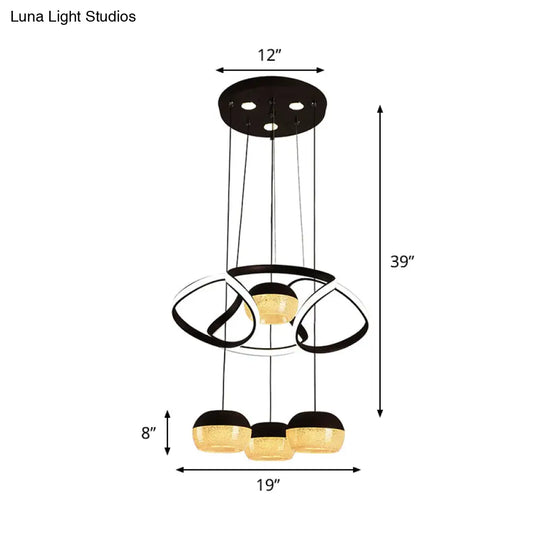 Minimalist Acrylic Oval Led Pendant Lamp With 4 Hanging Lights Twisting Shelf And Black Ceiling