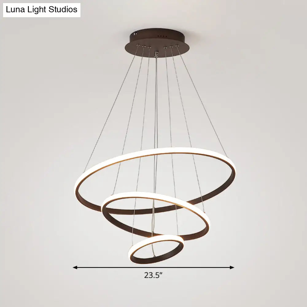 Minimalist Acrylic Ring Pendant Light Coffee Chandelier Lamp Warm/White 8’ + 16’/16’ +