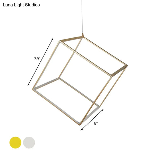 Minimalist Aluminum Cubic Frame Chandelier: Gold/Silver Led Hanging Ceiling Light For Living Room -