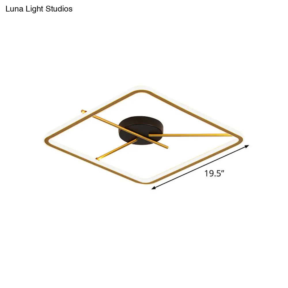 Minimalist Aluminum Flush Mount Ceiling Light With Square Black-Gold Frame And Rod Fixture Arm -