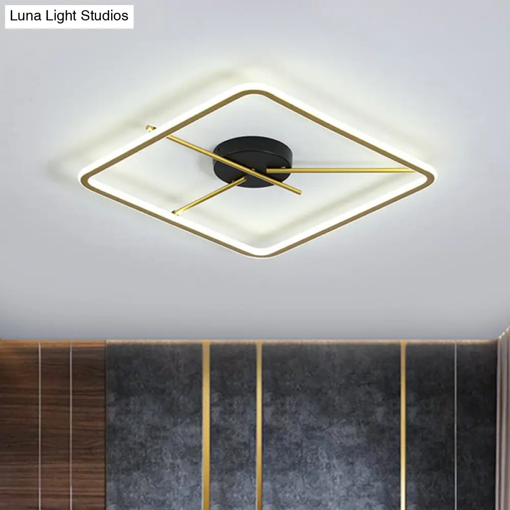 Minimalist Aluminum Flush Mount Ceiling Light With Square Black - Gold Frame And Rod Fixture Arm -