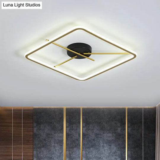 Minimalist Aluminum Flush Mount Ceiling Light With Square Black - Gold Frame And Rod Fixture Arm -