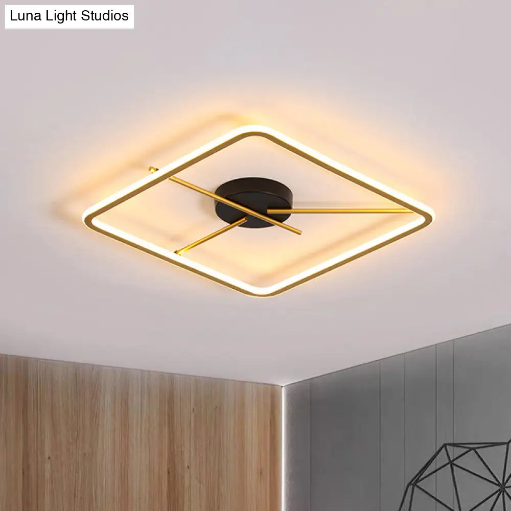 Minimalist Aluminum Flush Mount Ceiling Light With Square Black-Gold Frame And Rod Fixture Arm -