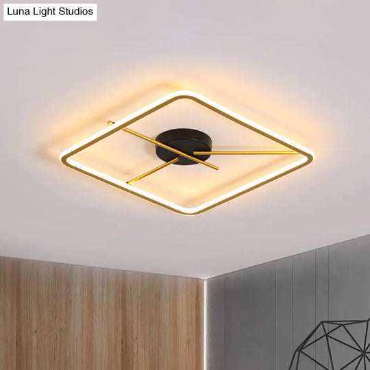 Minimalist Aluminum Flush Mount Ceiling Light With Square Black-Gold Frame And Rod Fixture Arm -