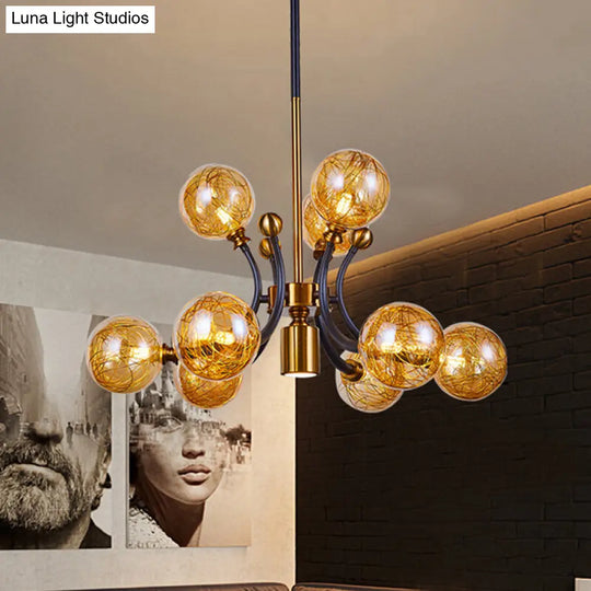 Minimalist Amber Glass Pendant Lamp - 8/9 Heads With Black-Gold Curvy Arm 9 /