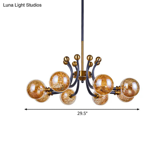 Minimalist Amber Glass Pendant Lamp With Curvy Arm - 8/9 Heads Black-Gold Ceiling Chandelier