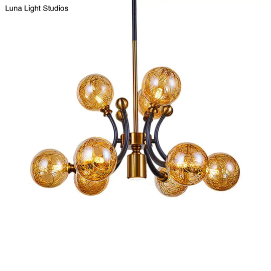 Minimalist Amber Glass Pendant Lamp - 8/9 Heads With Black-Gold Curvy Arm