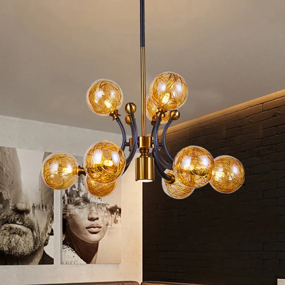 Minimalist Amber Glass Pendant Lamp With Curvy Arm - 8/9 Heads Black-Gold Ceiling Chandelier 9 /