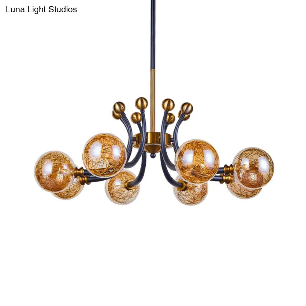 Minimalist Amber Glass Pendant Lamp With Curvy Arm - 8/9 Heads Black-Gold Ceiling Chandelier