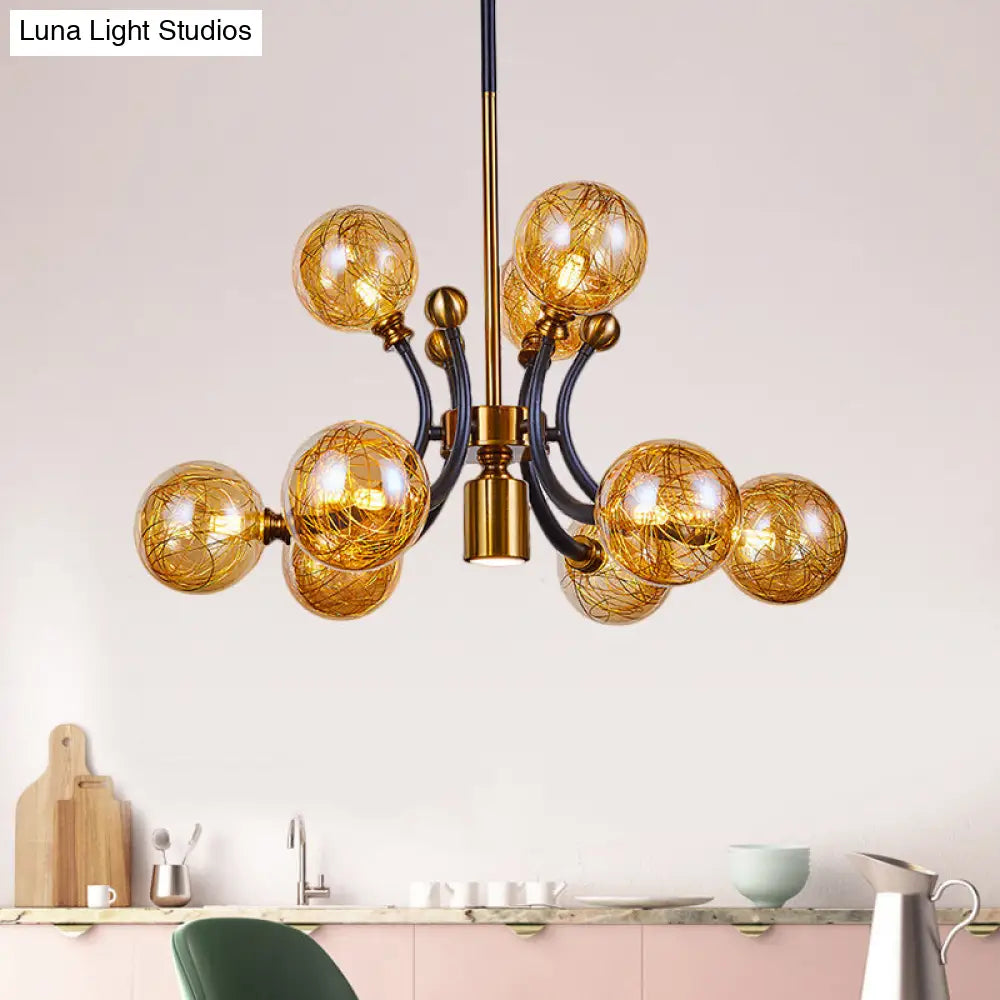 Minimalist Amber Glass Pendant Lamp - 8/9 Heads With Black-Gold Curvy Arm