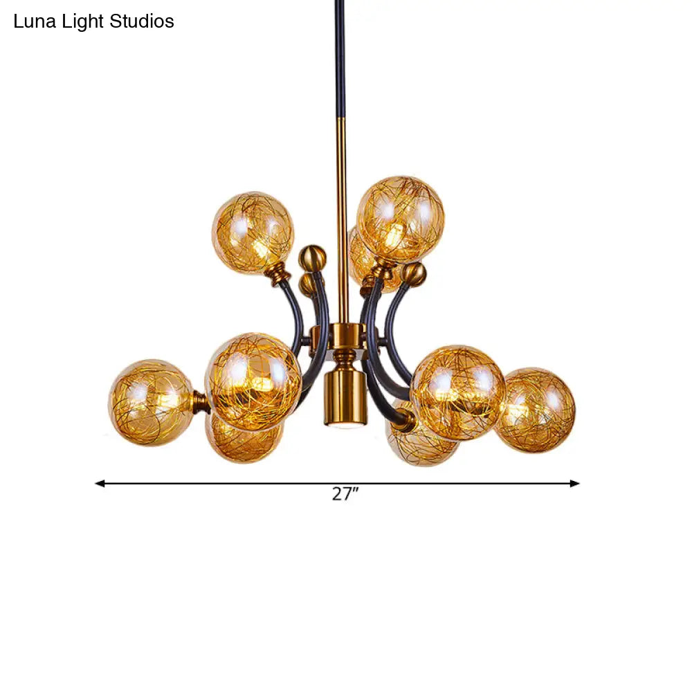 Minimalist Amber Glass Pendant Lamp With Curvy Arm - 8/9 Heads Black-Gold Ceiling Chandelier