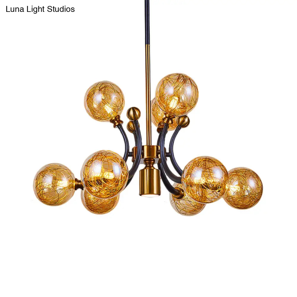 Minimalist Amber Glass Pendant Lamp With Curvy Arm - 8/9 Heads Black-Gold Ceiling Chandelier