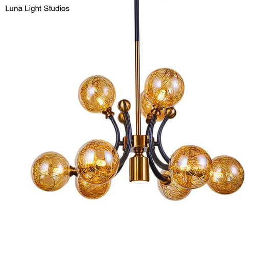 Minimalist Amber Glass Pendant Lamp With Curvy Arm - 8/9 Heads Black-Gold Ceiling Chandelier