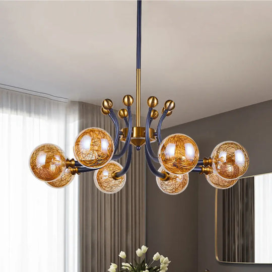 Minimalist Amber Glass Pendant Lamp With Curvy Arm - 8/9 Heads Black-Gold Ceiling Chandelier 8 /