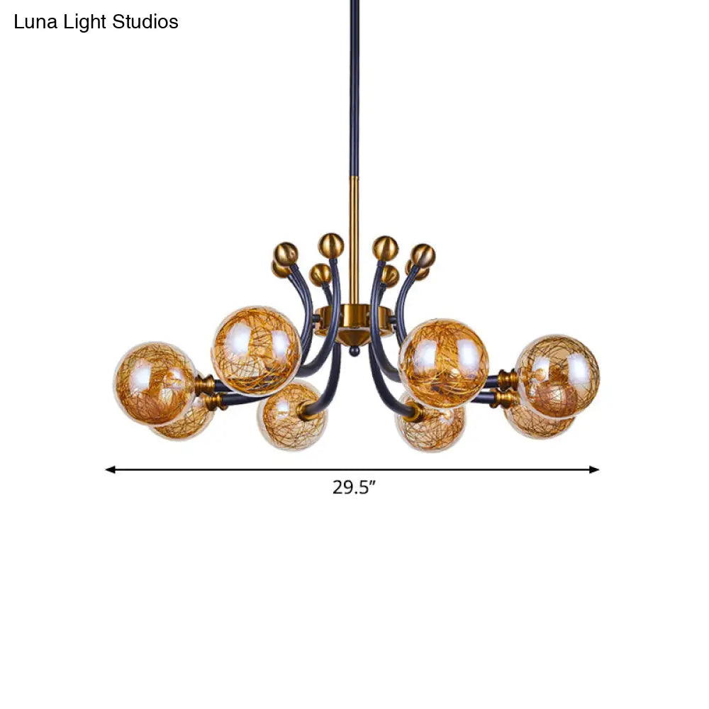 Minimalist Amber Glass Pendant Lamp - 8/9 Heads With Black-Gold Curvy Arm