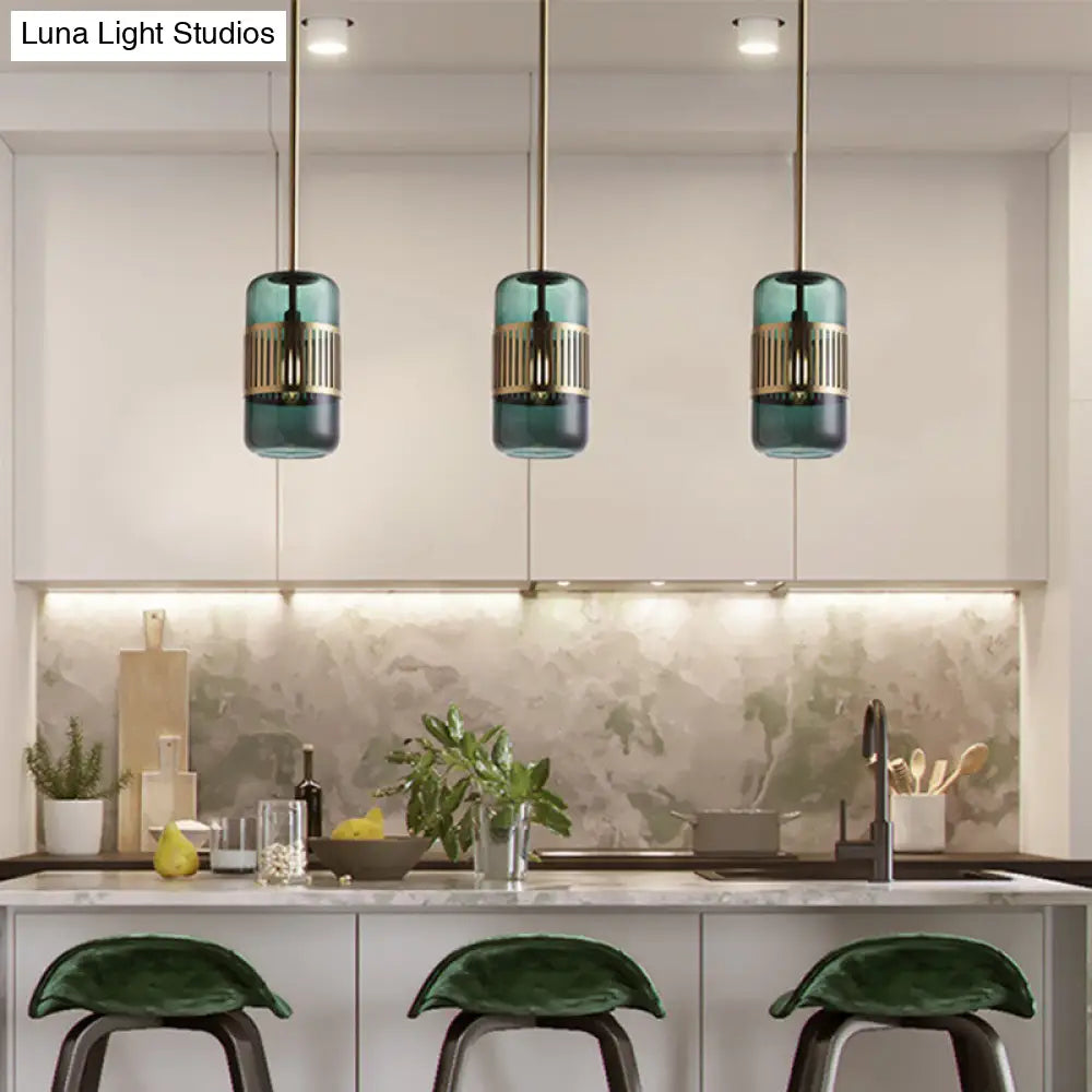 Minimalist Amber/Green Glass Kitchen Island Suspension Lamp - 1 Head Ceiling Hang Fixture