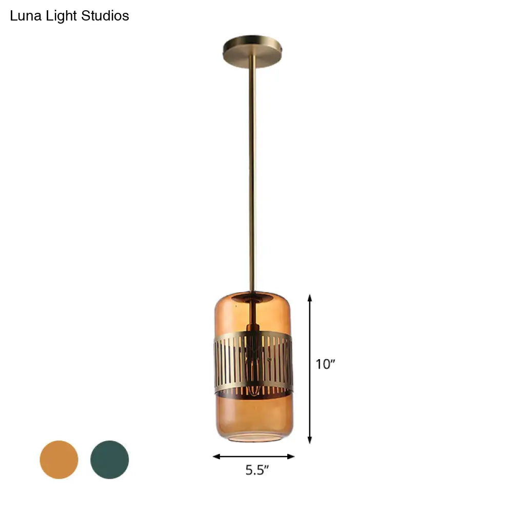 Minimalist Amber/Green Glass Kitchen Island Suspension Lamp - 1 Head Ceiling Hang Fixture