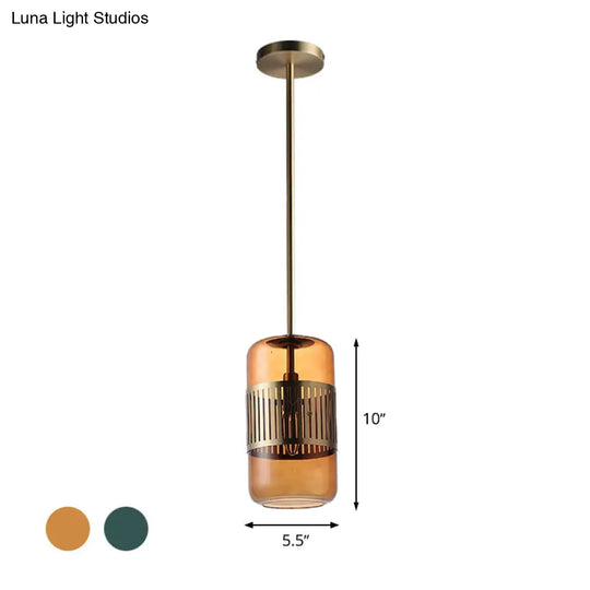 Minimalist Amber/Green Glass Kitchen Island Suspension Lamp - 1 Head Ceiling Hang Fixture