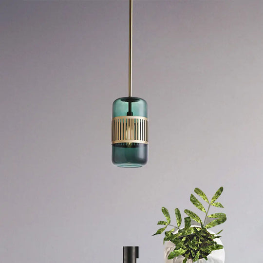 Minimalist Amber/Green Glass Cylinder Kitchen Island Pendant Light - 1 Head Ceiling Fixture Green