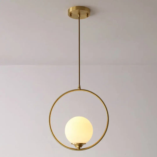 Minimalist Antique Gold Ball Ceiling Lamp With Cream Glass Shade And Ring Decoration / 12’