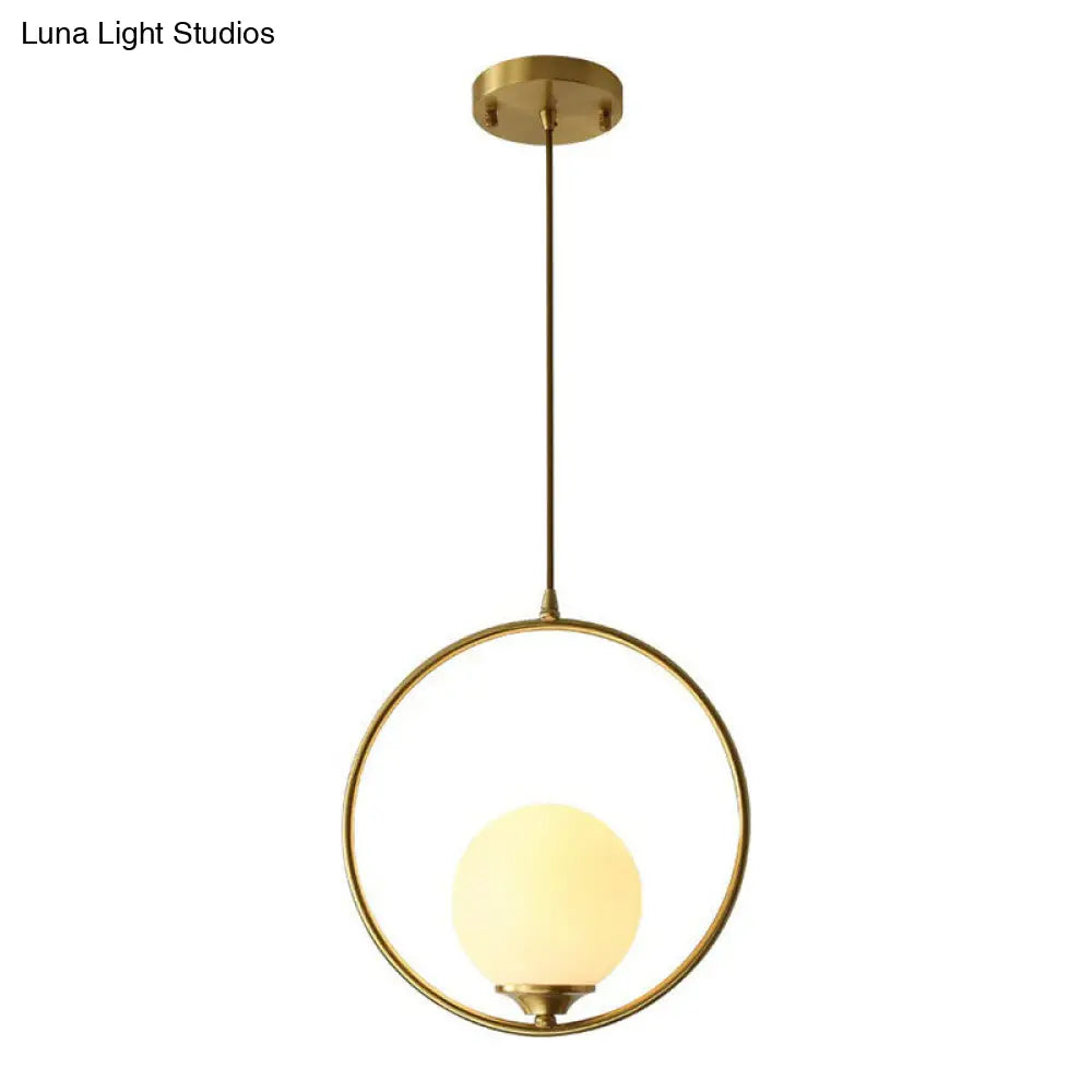 Minimalist Antique Gold Ceiling Lamp With Cream Glass Shade And Ring Decoration