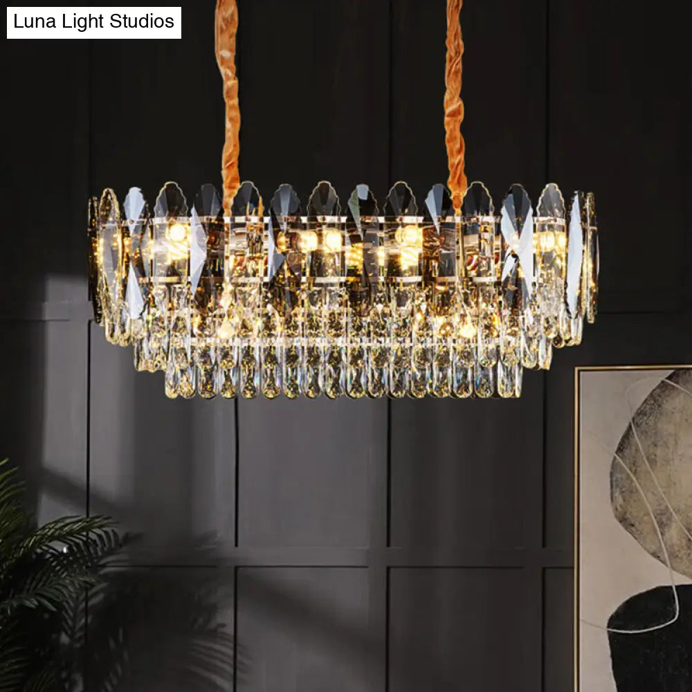 Minimalist Gold Tiered Chandelier With Clear K9 Crystal - Artistic Pendant Light For Living Room