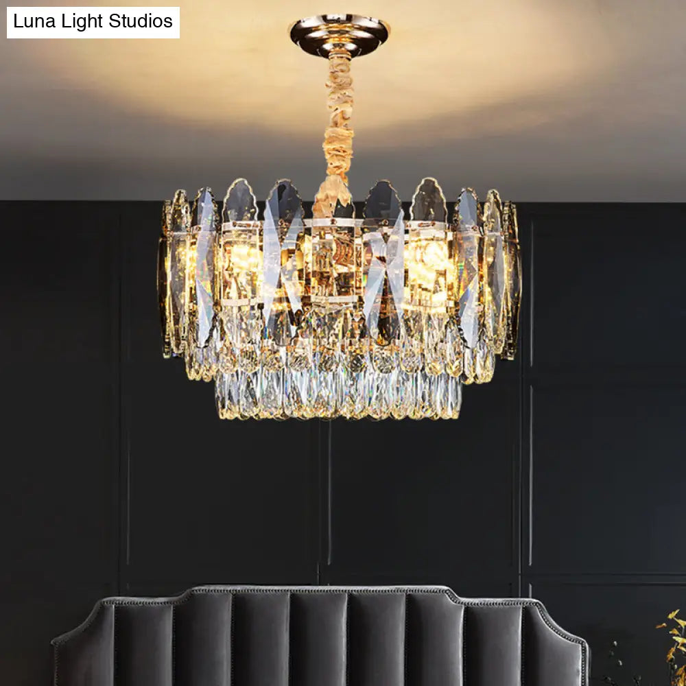 Minimalist Gold Tiered Chandelier With Clear K9 Crystal - Artistic Pendant Light For Living Room 11