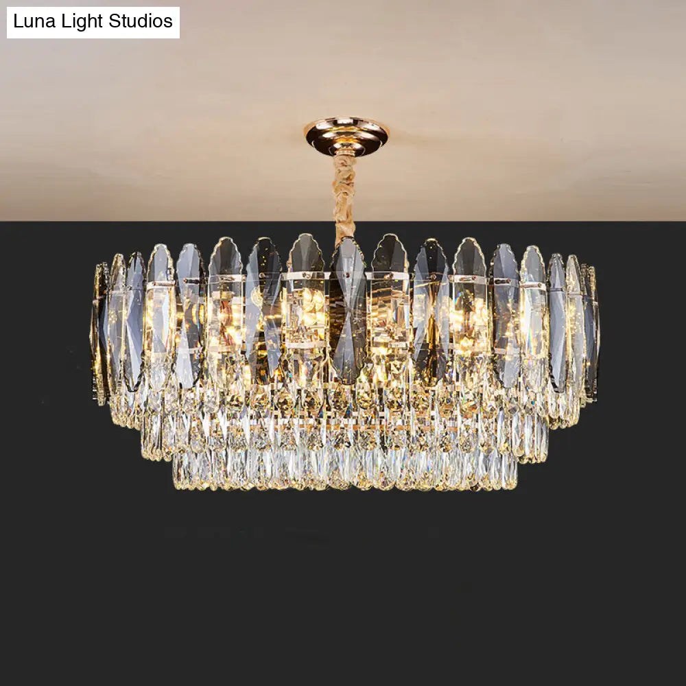 Minimalist Gold Tiered Chandelier With Clear K9 Crystal - Artistic Pendant Light For Living Room