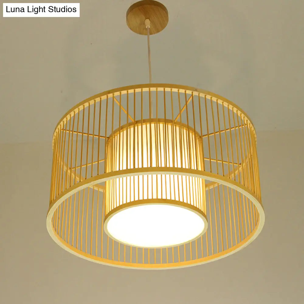 Minimalist Bamboo Drum Pendant Ceiling Light - Wood Finish Ideal For Restaurants