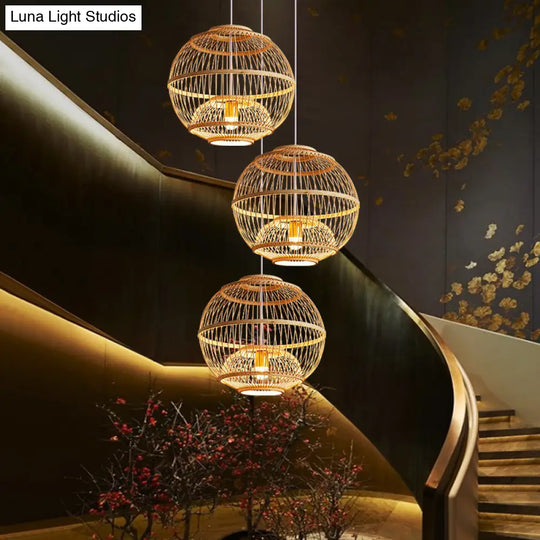 Minimalist Bamboo Pendant Ceiling Light With Sphere Shade - 1-Head Wood Suspension Lighting