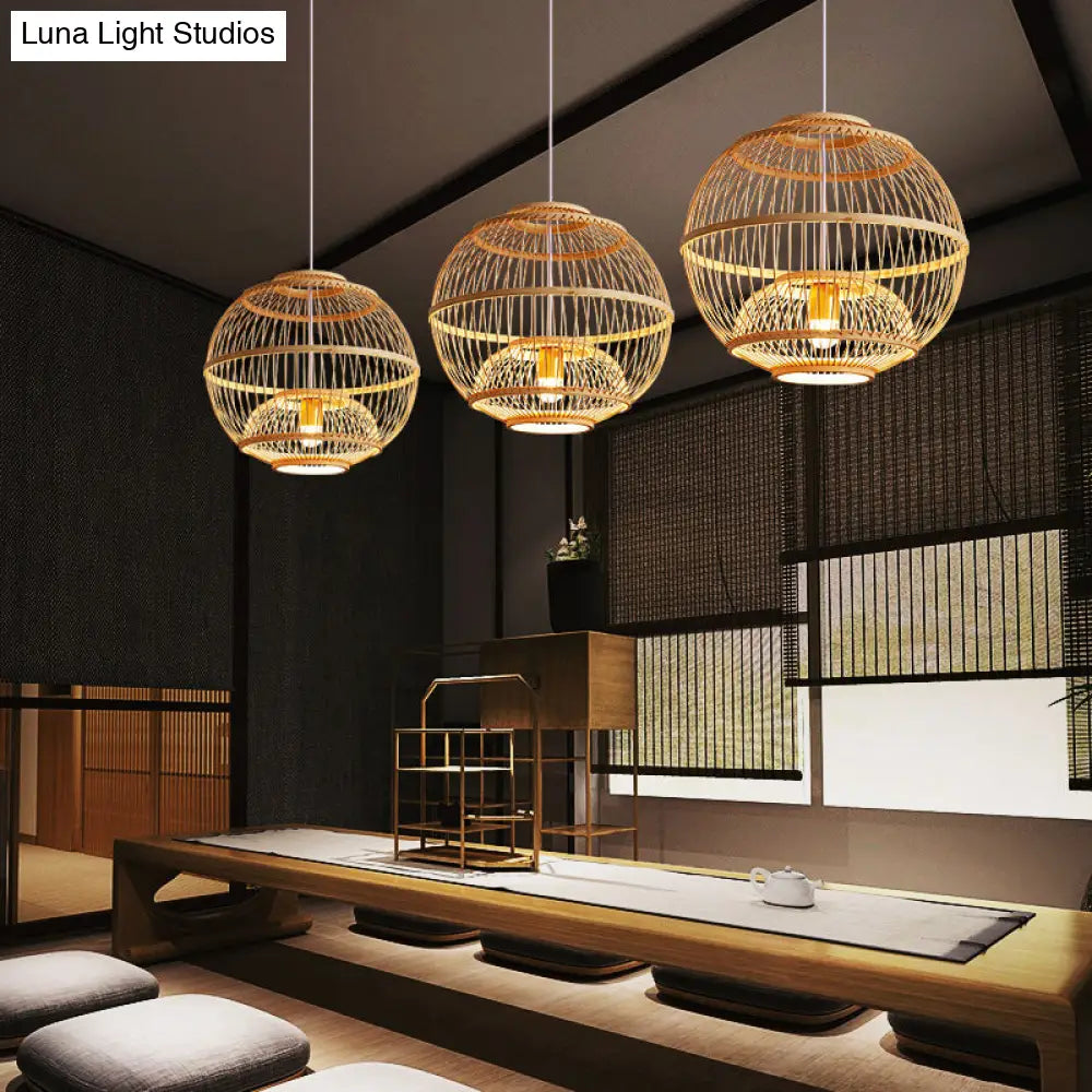 Minimalist Bamboo Pendant Ceiling Light With Sphere Shade - 1-Head Wood Suspension Lighting