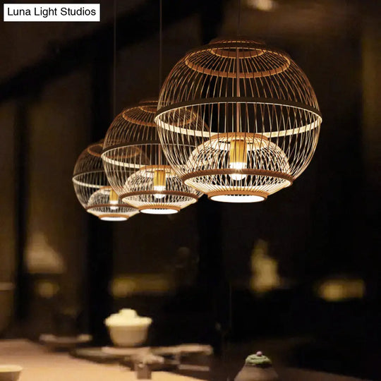 Minimalist Bamboo Pendant Ceiling Light With Sphere Shade - 1-Head Wood Suspension Lighting