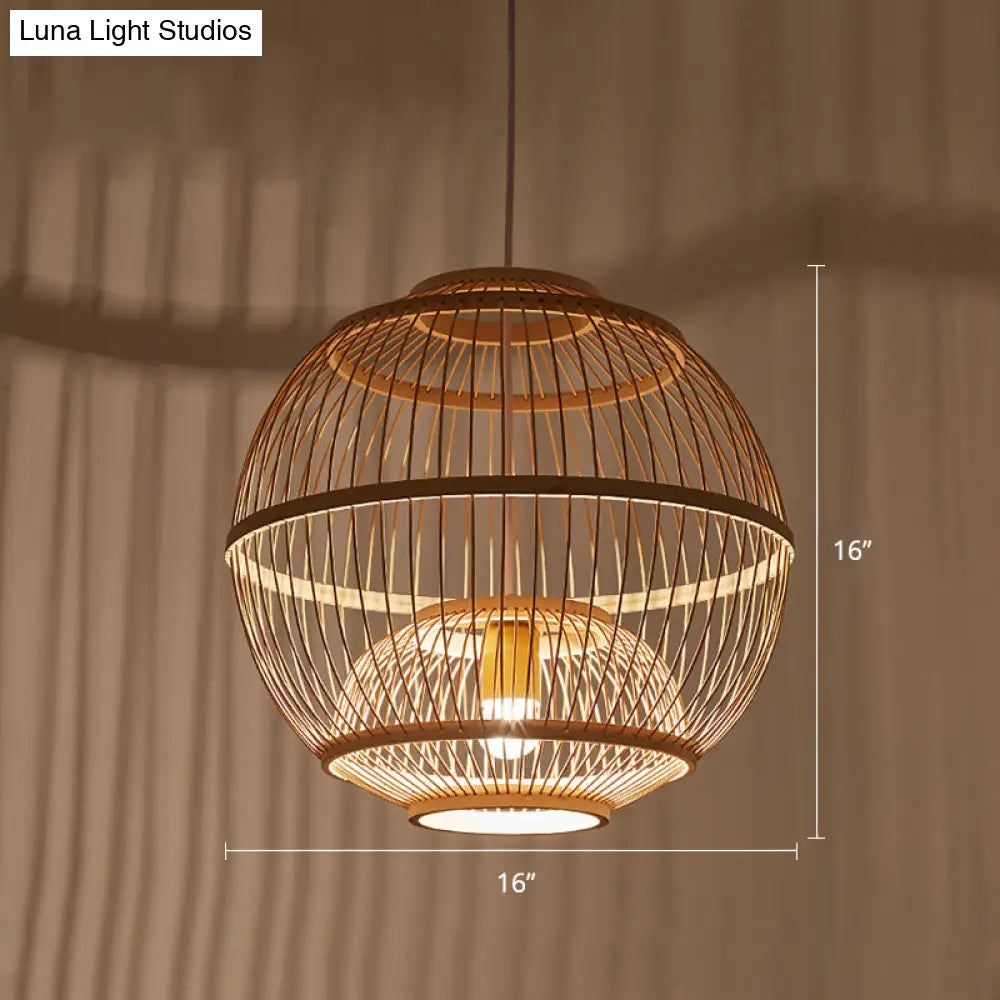 Minimalist Bamboo Pendant Ceiling Light With Sphere Shade - 1-Head Wood Suspension Lighting