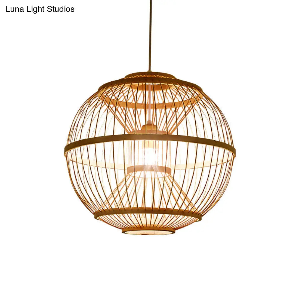 Minimalist Bamboo Pendant Ceiling Light With Sphere Shade - 1-Head Wood Suspension Lighting