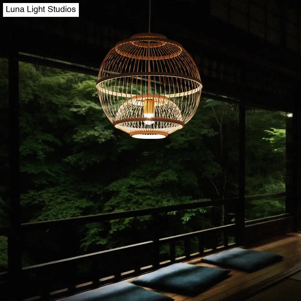 Minimalist Bamboo Pendant Ceiling Light With Sphere Shade - 1-Head Wood Suspension Lighting