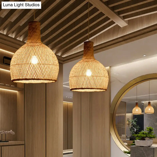 Minimalist Bamboo Pendant Light: Criss-Crossed Woven Design | Restaurant Hanging Light In Wood