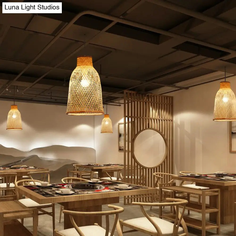 Minimalist Bamboo Pendant Light: Criss-Crossed Woven Design | Restaurant Hanging Light In Wood