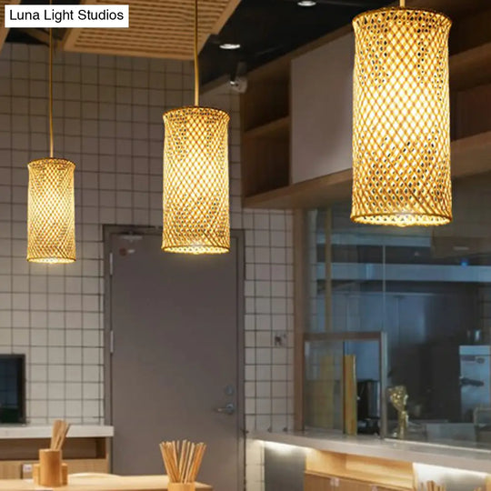 Minimalist Bamboo Pendant Light: Criss-Crossed Woven Design | Restaurant Hanging Light In Wood