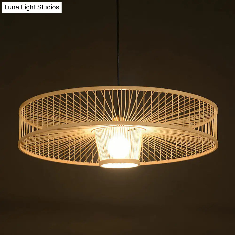 Minimalist Bamboo Single-Bulb Round Pendulum Light For Bedroom Ceiling In Wood