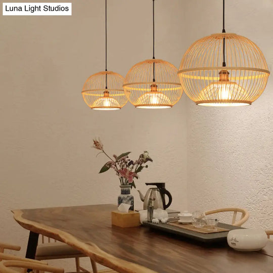 Minimalist Bamboo Sphere Pendant Light With Shade - Wood Suspension Ceiling Lamp