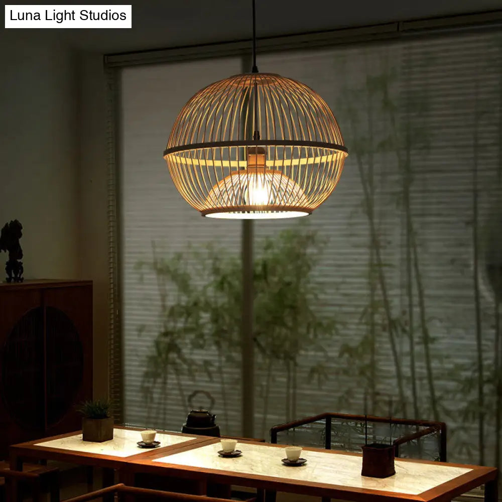 Minimalist Bamboo Sphere Pendant Light With Shade - Wood Suspension Ceiling Lamp