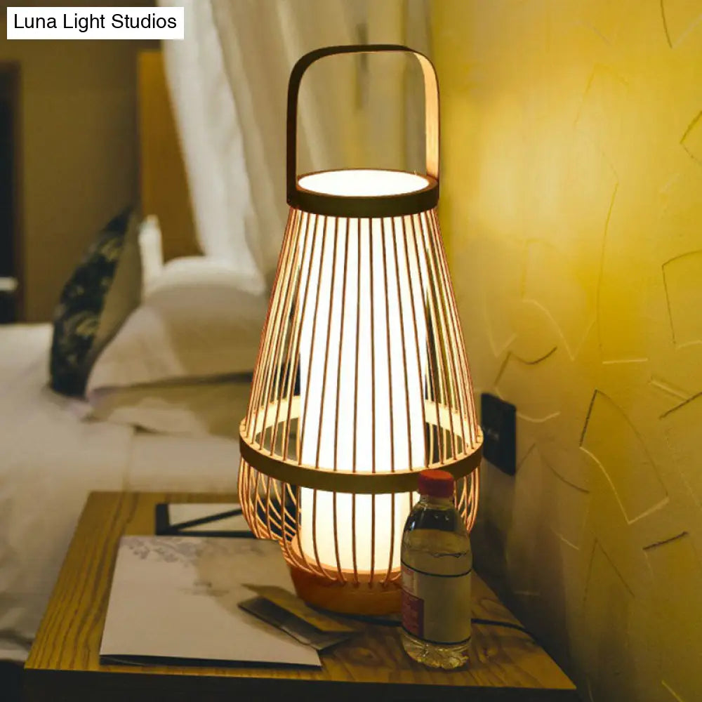 Minimalist Bamboo Table Lamp: Basket Shape 1 Head Wood Nightstand Light For Restaurants