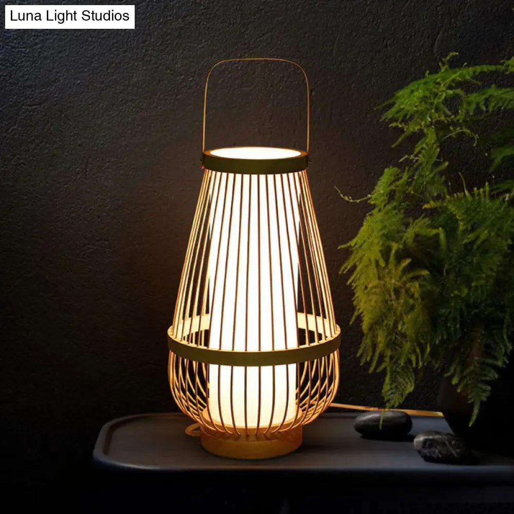 Minimalist Bamboo Table Lamp: Basket Shape 1 Head Wood Nightstand Light For Restaurants