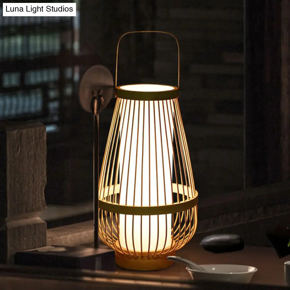 Minimalist Bamboo Table Lamp: Basket Shape 1 Head Wood Nightstand Light For Restaurants