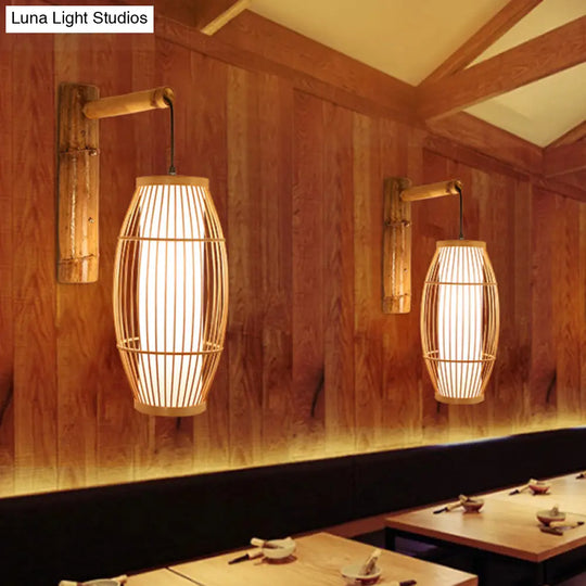 Minimalist Bamboo Wall Light: 1-Head Wood Fixture For Restaurant Lighting