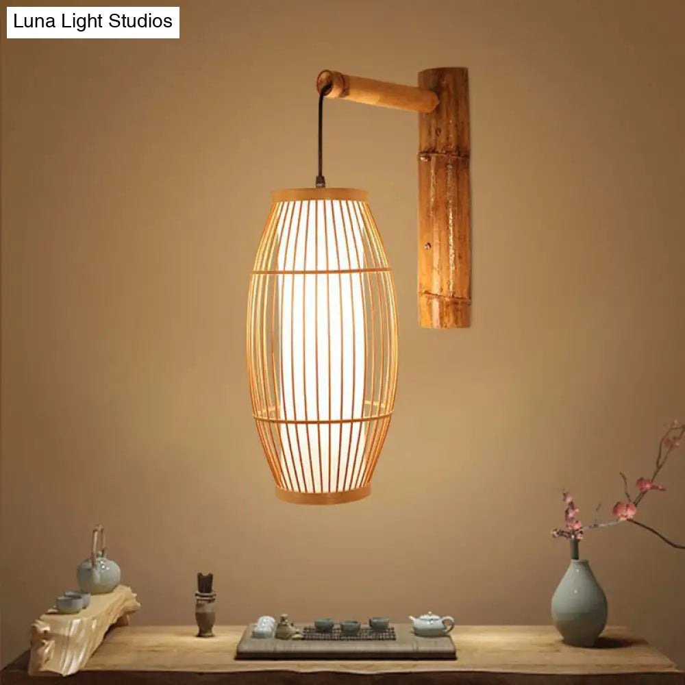 Minimalist Bamboo Wall Light: 1-Head Wood Fixture For Restaurant Lighting