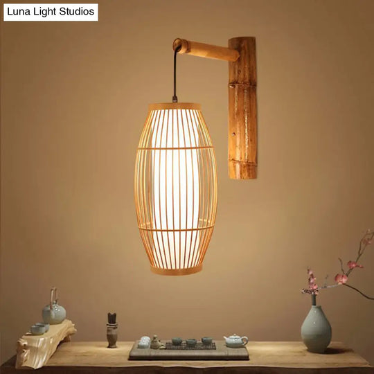 Minimalist Bamboo Wall Light: 1-Head Wood Fixture For Restaurant Lighting